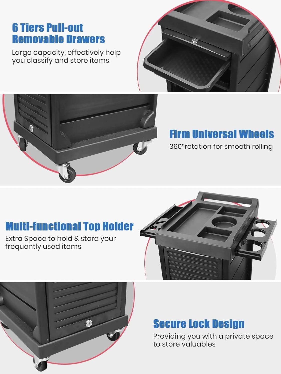 🖤 Beauty Style – Carrito Auxiliar Marco para Estilista o Barbero (2588019) | 6 Cajones + Cerradura de Seguridad