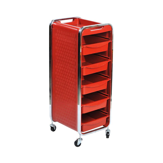 Carrito Auxiliar Jazz Beauty Style 2588041 – Carrito Profesional Rojo con 6 Bandejas y Soporte para Secador