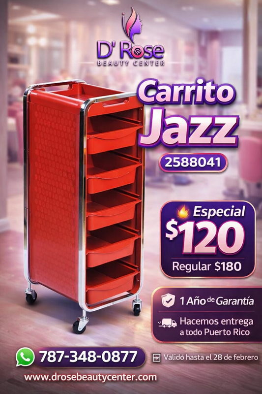 🟥✨ Carrito Auxiliar Jazz Beauty Style 2588041 – Organización Profesional con 6 Bandejas y Soporte para Secador