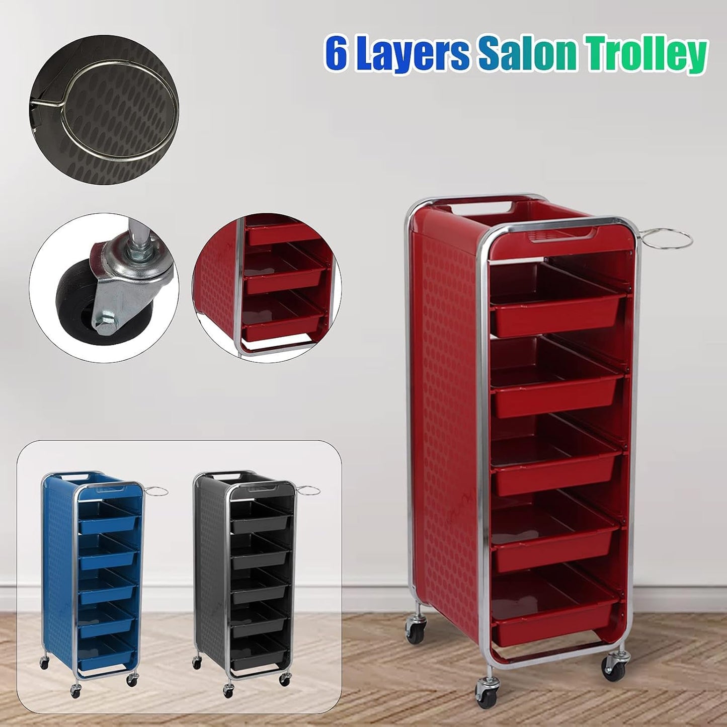 Carrito Auxiliar Jazz Beauty Style 2588041 – Carrito Profesional Rojo con 6 Bandejas y Soporte para Secador