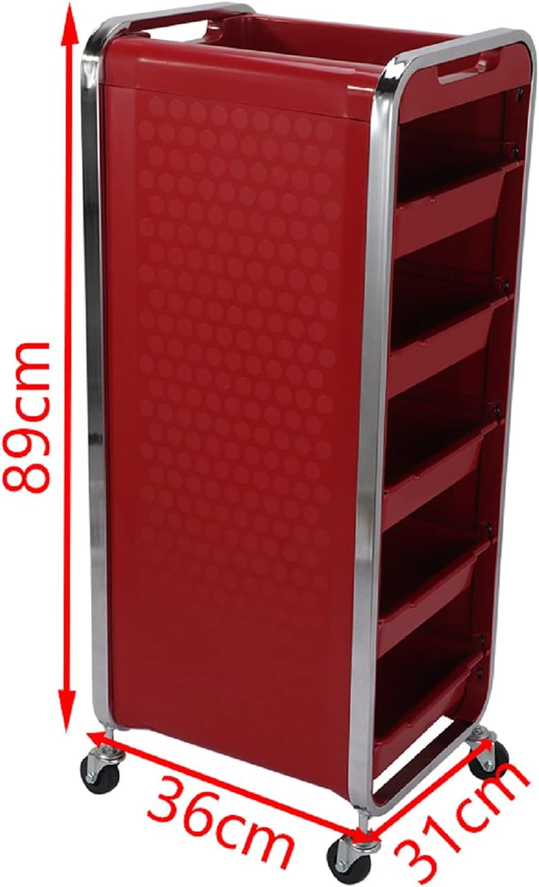 Carrito Auxiliar Jazz Beauty Style 2588041 – Carrito Profesional Rojo con 6 Bandejas y Soporte para Secador