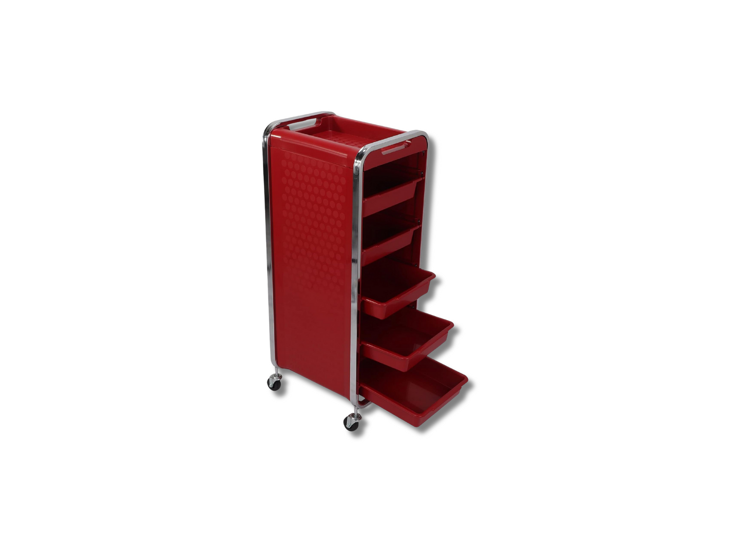 Carrito Auxiliar Jazz Beauty Style 2588041 – Carrito Profesional Rojo con 6 Bandejas y Soporte para Secador