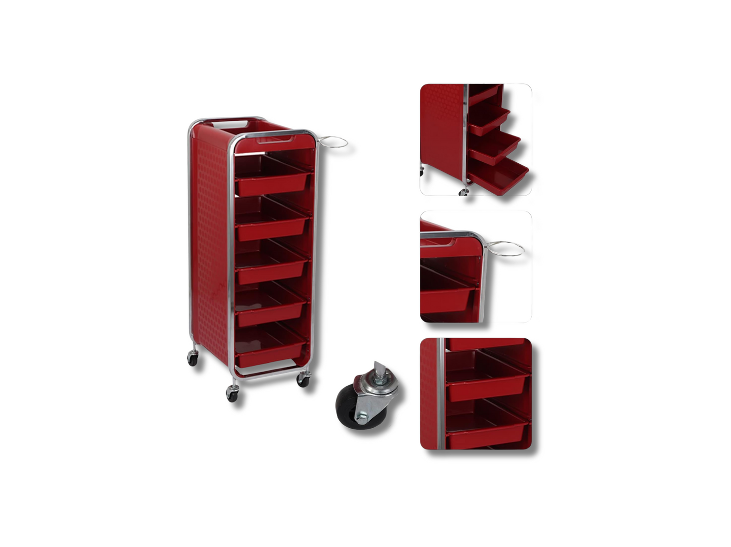 Carrito Auxiliar Jazz Beauty Style 2588041 – Carrito Profesional Rojo con 6 Bandejas y Soporte para Secador