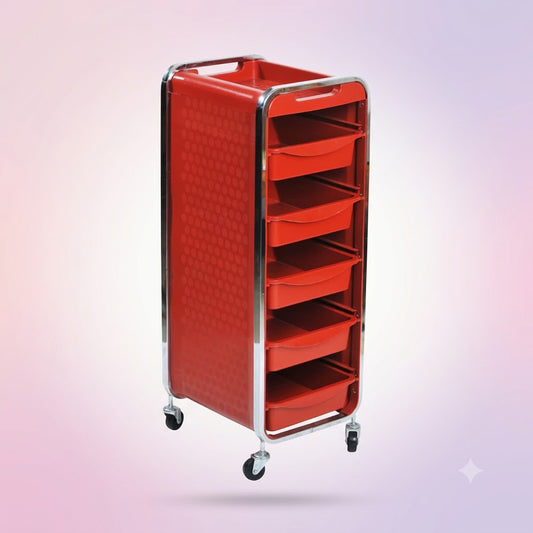 Carrito Auxiliar Jazz Beauty Style Rojo con 6 Bandejas, Ruedas y Soporte para Secador – Modelo 2588041