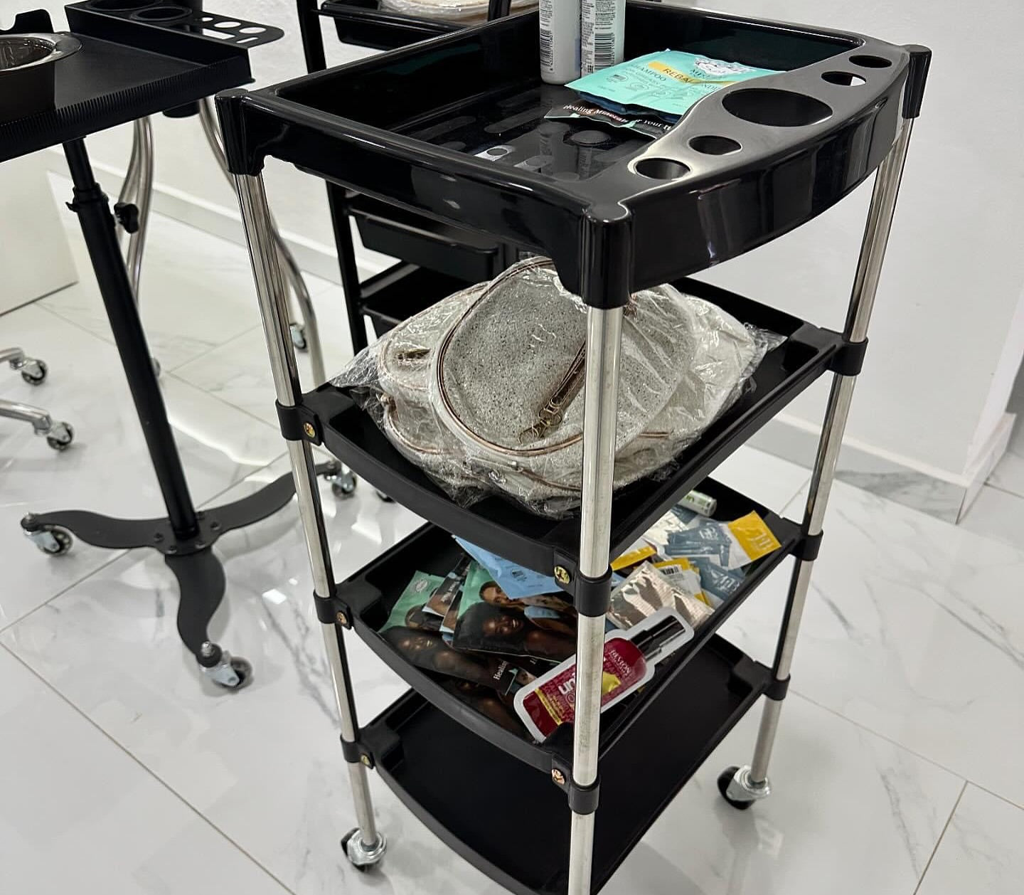 Carrito Auxiliar Mateo Beauty Style 2588078 – Carrito Profesional Negro de 4 Bandejas para Salón y Barbería