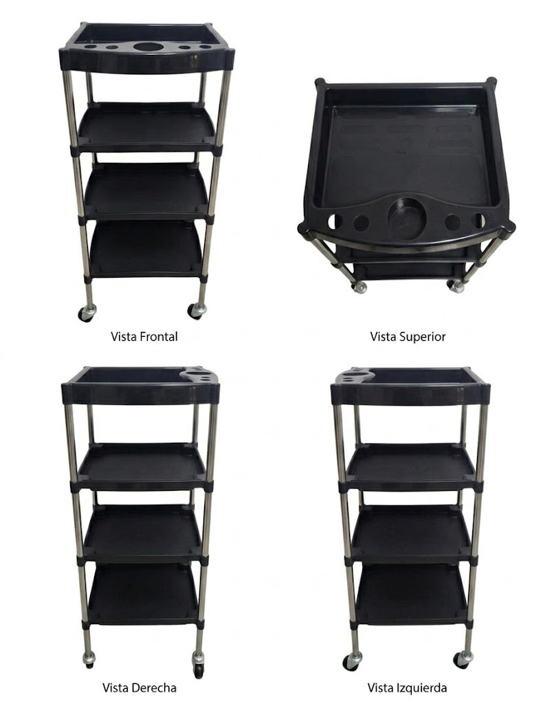Carrito Auxiliar Mateo Beauty Style 2588078 – Carrito Profesional Negro de 4 Bandejas para Salón y Barbería