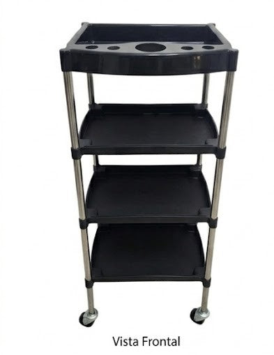Carrito Auxiliar Mateo Beauty Style 2588078 – Carrito Profesional Negro de 4 Bandejas para Salón y Barbería