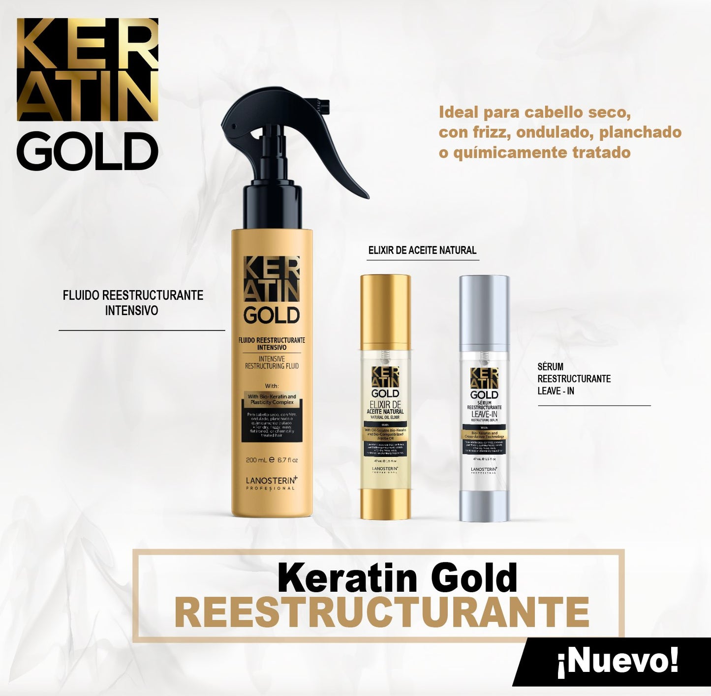LANOSTERIN PROFESIONAL KERATIN GOLD FLUIDO REESTRUCTURANTE INTENSIVO 6.7OZ 23040200