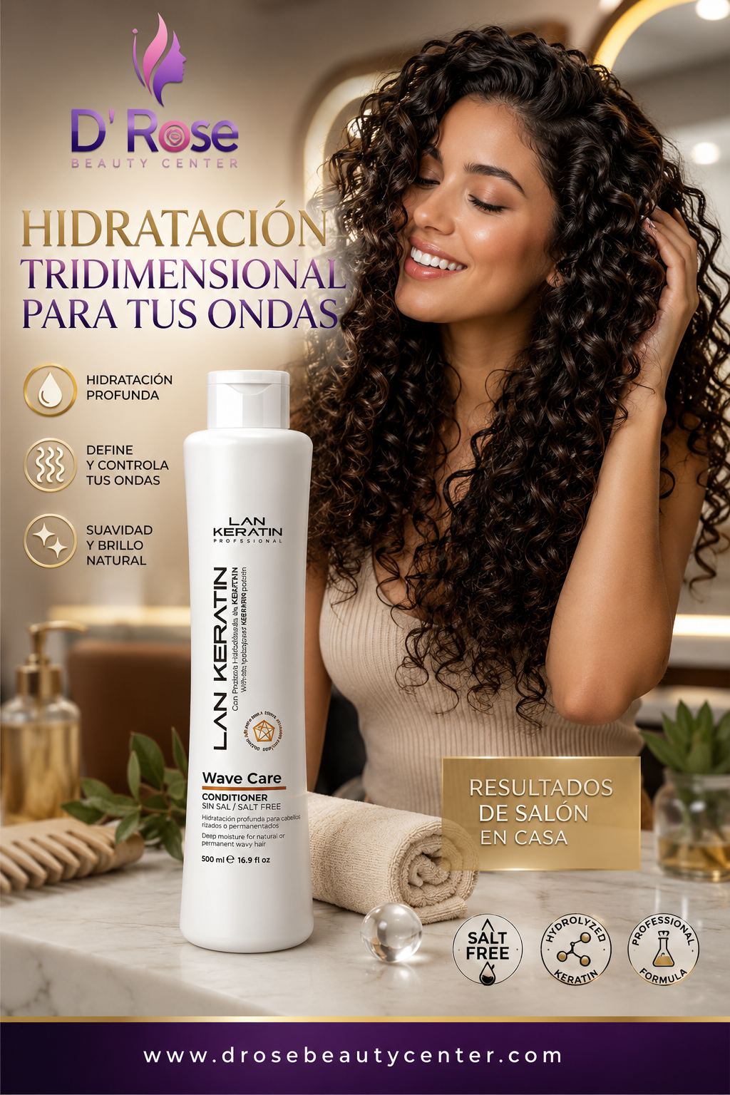 LAN Keratin Wave Care Acondicionador Sin Sal 16.9 oz – Cabello Ondulado, Rizado o Permanentado