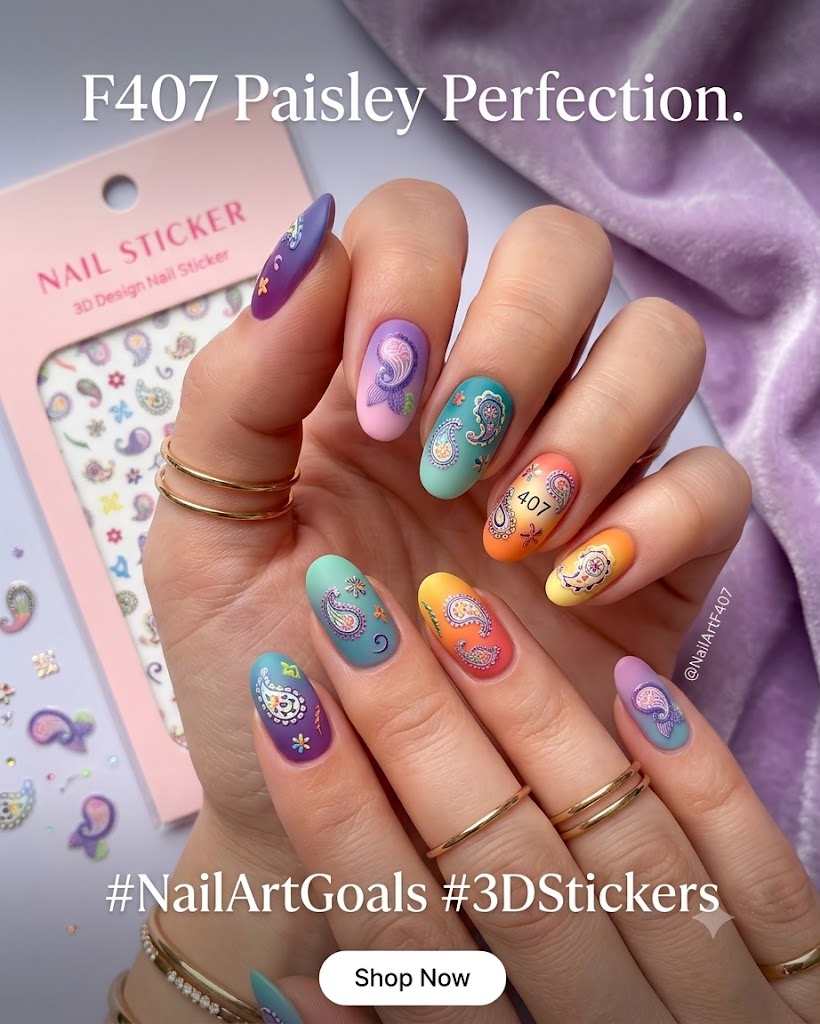 Nail Sticker 3D F407 Diseño Paisley Multicolor para Uñas