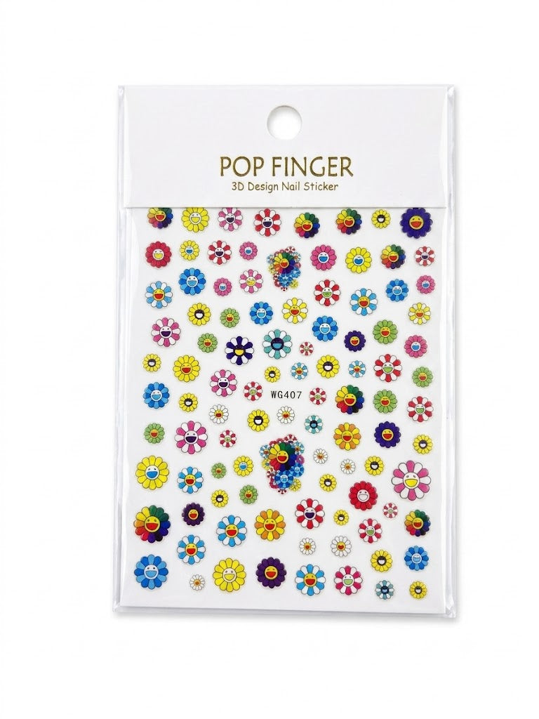 Pop Finger 3D Design Nail Stickers WG407 – Flores Coloridas con Caritas