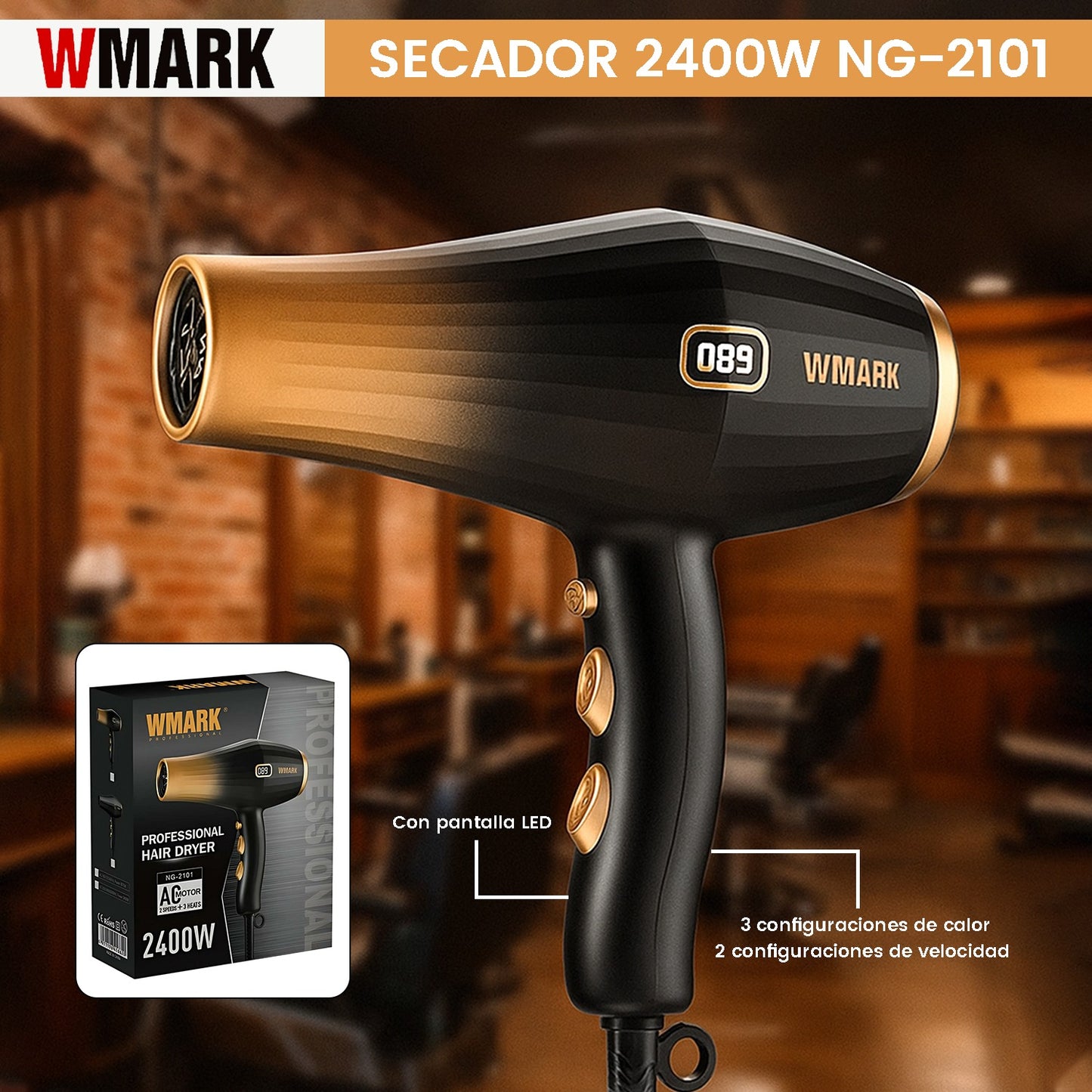 WMARK Professional Hair Dryer NG-2101 2400W – Secador Profesional con Motor AC y Pantalla LED