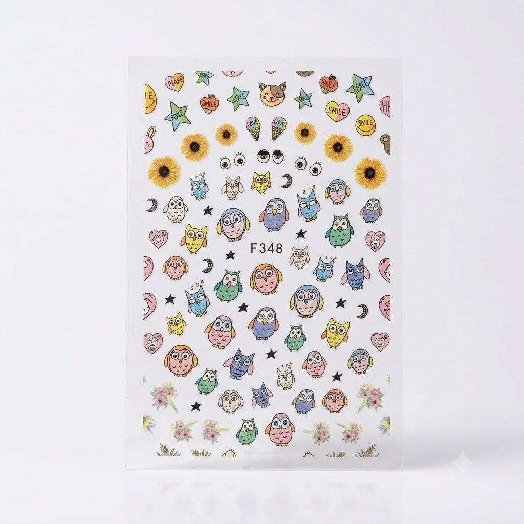 Nail Sticker 3D F348 Búhos y Girasoles Multicolor