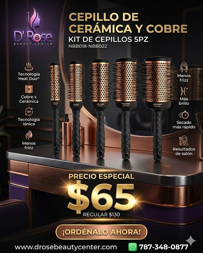 FROMM Heat Duo Kit de 5 Cepillos Térmicos Redondos Copper X Ceramic 1” a 2.5” NBB018–NBB022 para Blowouts Profesionales