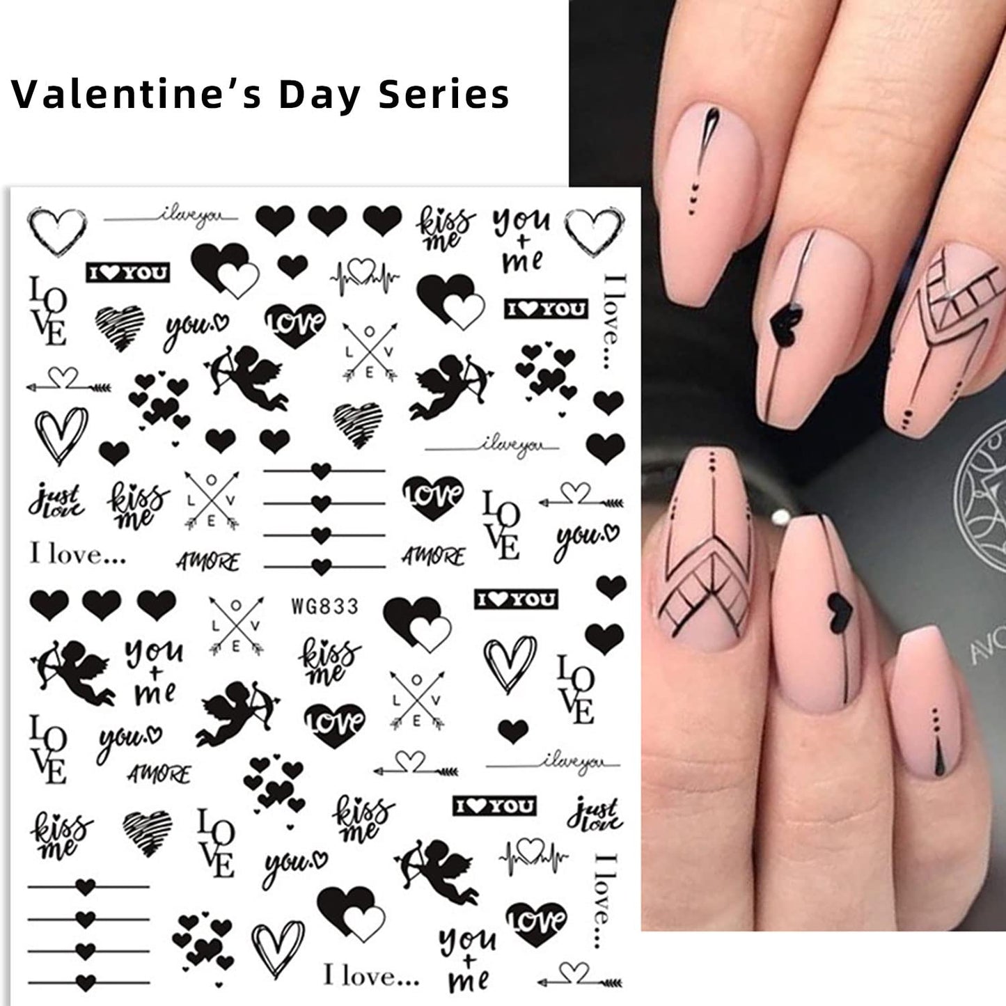 Pop Finger 3D Design Nail Stickers WG833 – Corazones, Cupidos y Frases de Amor