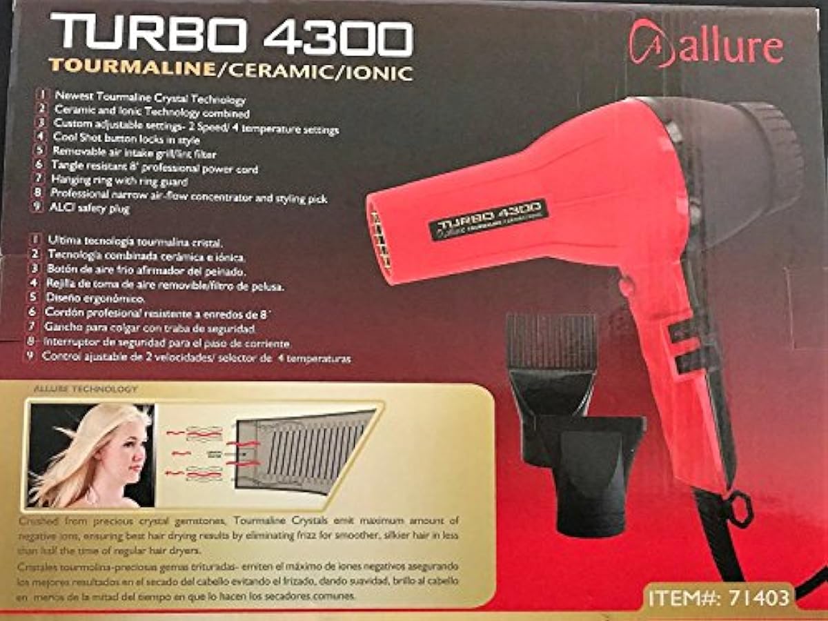 Allure Turbo 4300 Tourmaline Ceramic Ionic Hair Blow Dryer 2000 Watts Rojo/Negro