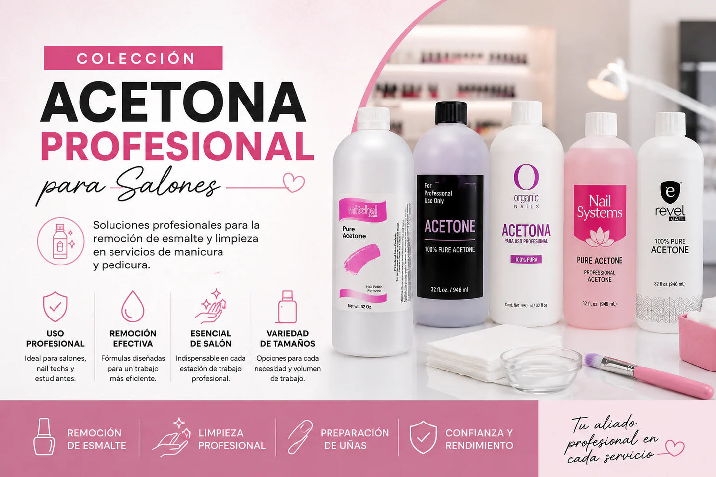 Mitchel 3000 Pure Acetone 32 oz Removedor de Esmalte para Uñas de Uso Profesional