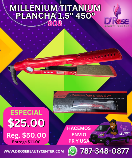 🔥 MILLENIUM TITANIUM PLANCHA PROFESIONAL 1.5” 450°F – MODELO 908