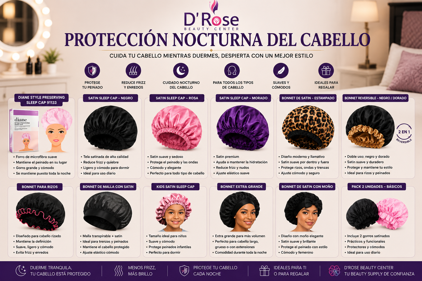 DIANE Style Preserving Sleep Cap 91133 – Gorro de Dormir para Proteger el Peinado