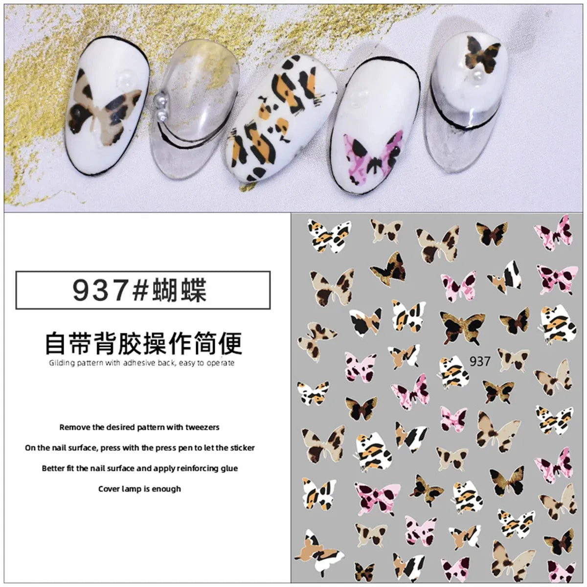 Joyful Nail Stickers 3D para Uñas Mariposas Animal Print Rosado 937