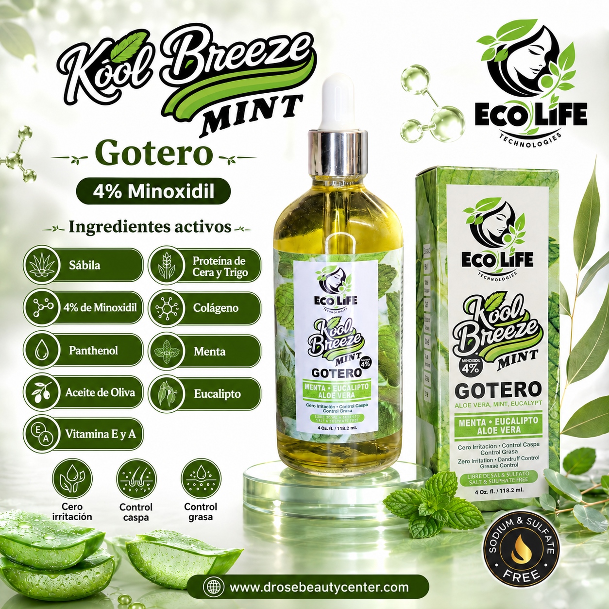 Ecolife Technologies Kool Breeze Mint Gotero Anticaída 4oz Minoxidil 4% ETKBMGA4