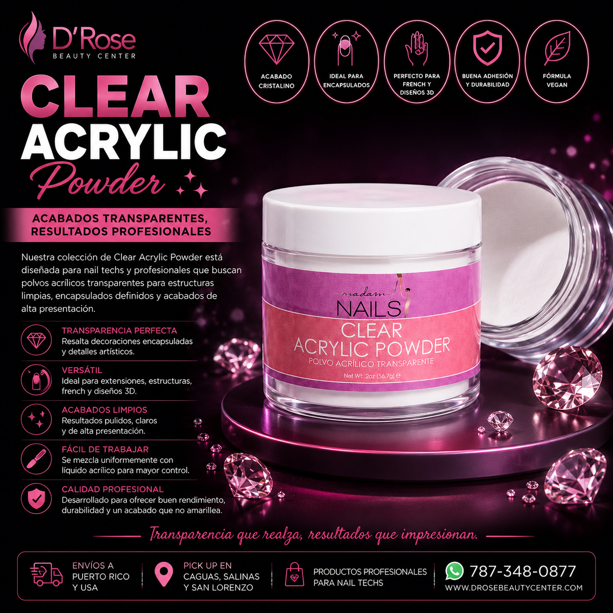 New Adara Nails Clear Acrylic Powder 2 oz – Polvo Acrílico Transparente Profesional para Encapsulados y Estructuras de Uñas