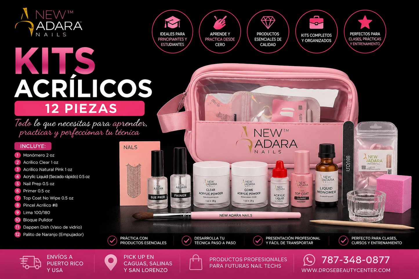 New Adara Nails Student Kit 12 PZ AR-KIT para Práctica y Aplicación Profesional de Uñas