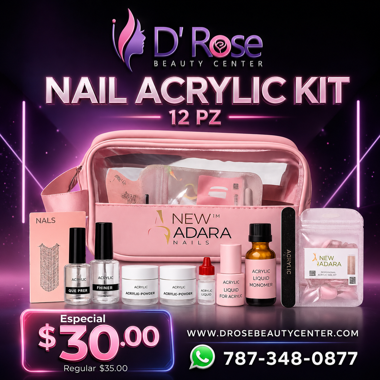 New Adara Nails Student Kit 12 PZ AR-KIT para Práctica y Aplicación Profesional de Uñas