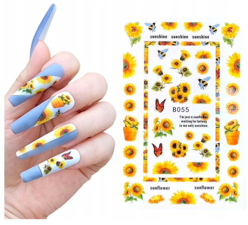 Flower Nail Stickers B055 – Girasoles, Abejas y Mariposas para Uñas