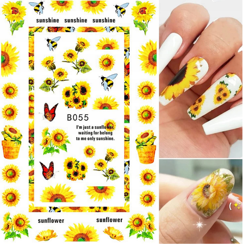Flower Nail Stickers B055 – Girasoles, Abejas y Mariposas para Uñas