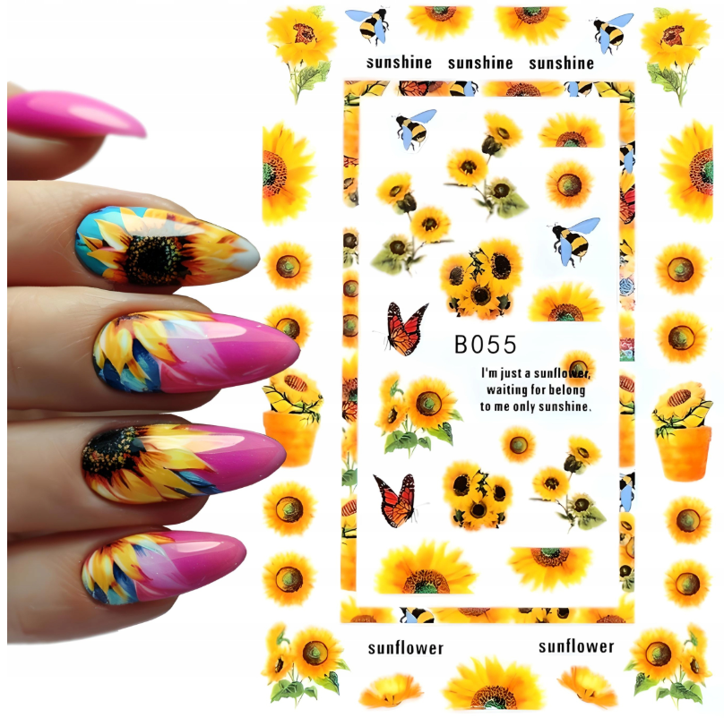 Flower Nail Stickers B055 – Girasoles, Abejas y Mariposas para Uñas