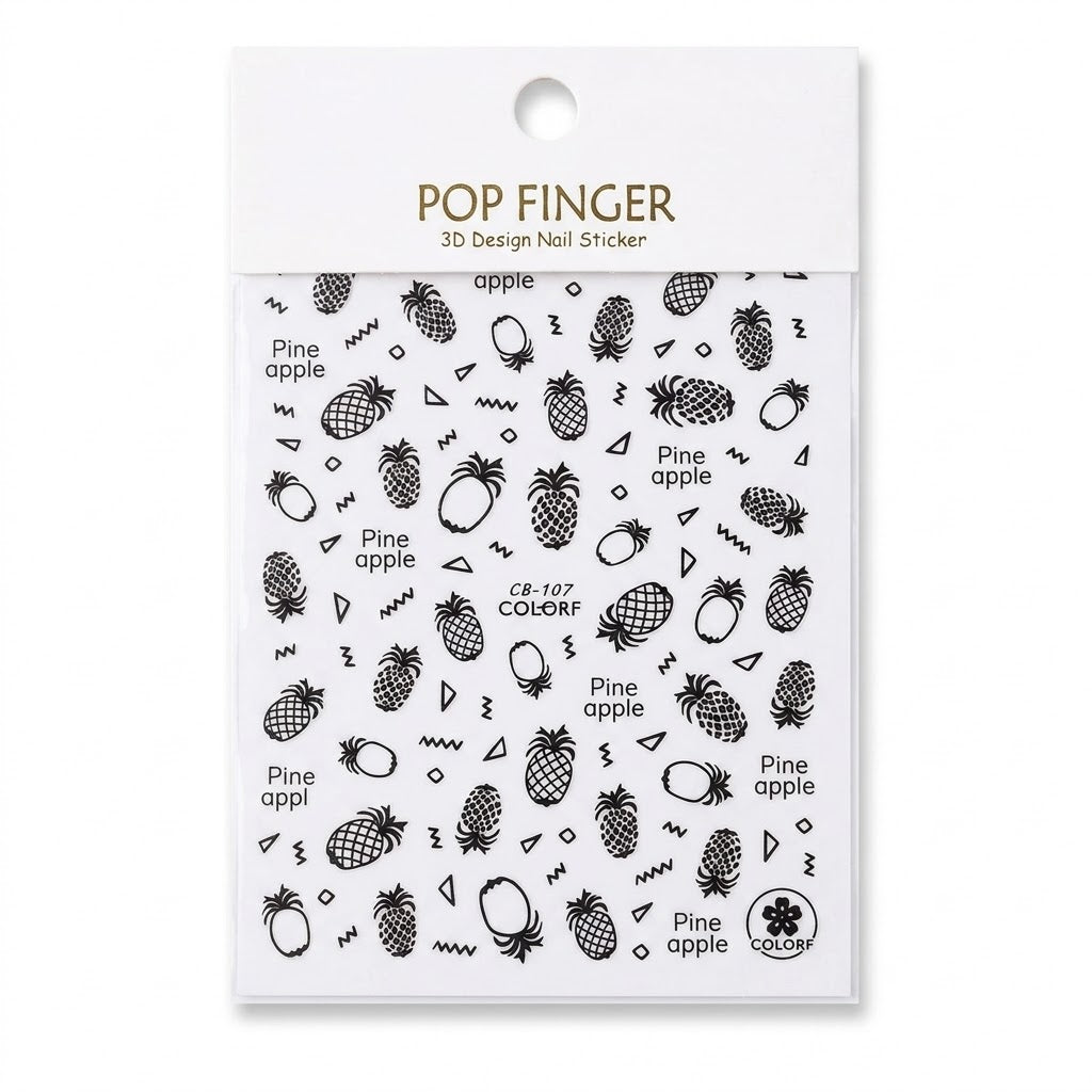 Pop Finger 3D Design Nail Stickers CB-107 – Piñas en Blanco y Negro