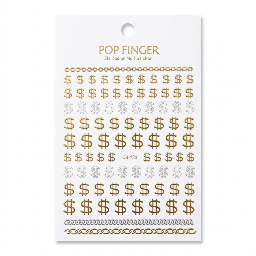 Pop Finger 3D Design Nail Stickers CB-130 – Signos de Dinero y Cadenas Doradas