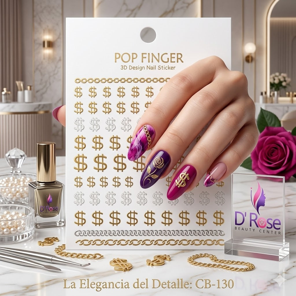 Pop Finger 3D Design Nail Stickers CB-130 – Signos de Dinero y Cadenas Doradas