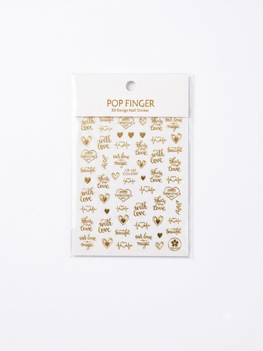 Pop Finger 3D Design Nail Stickers CB-165 – Corazones y Frases Románticas Doradas