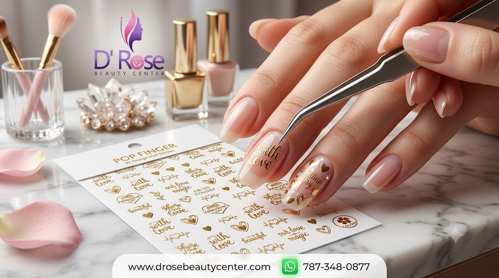 Pop Finger 3D Design Nail Stickers CB-165 – Corazones y Frases Románticas Doradas