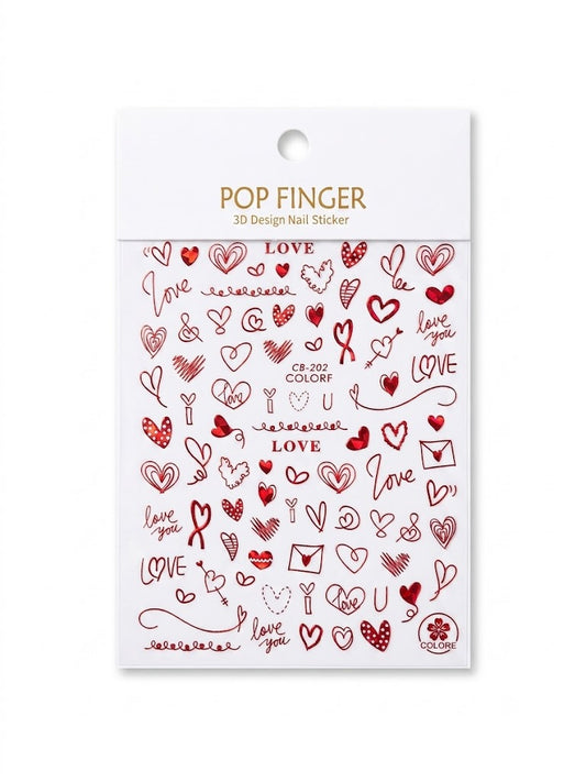 Pop Finger 3D Design Nail Stickers CB-202 – Corazones y Frases de Amor Rojas