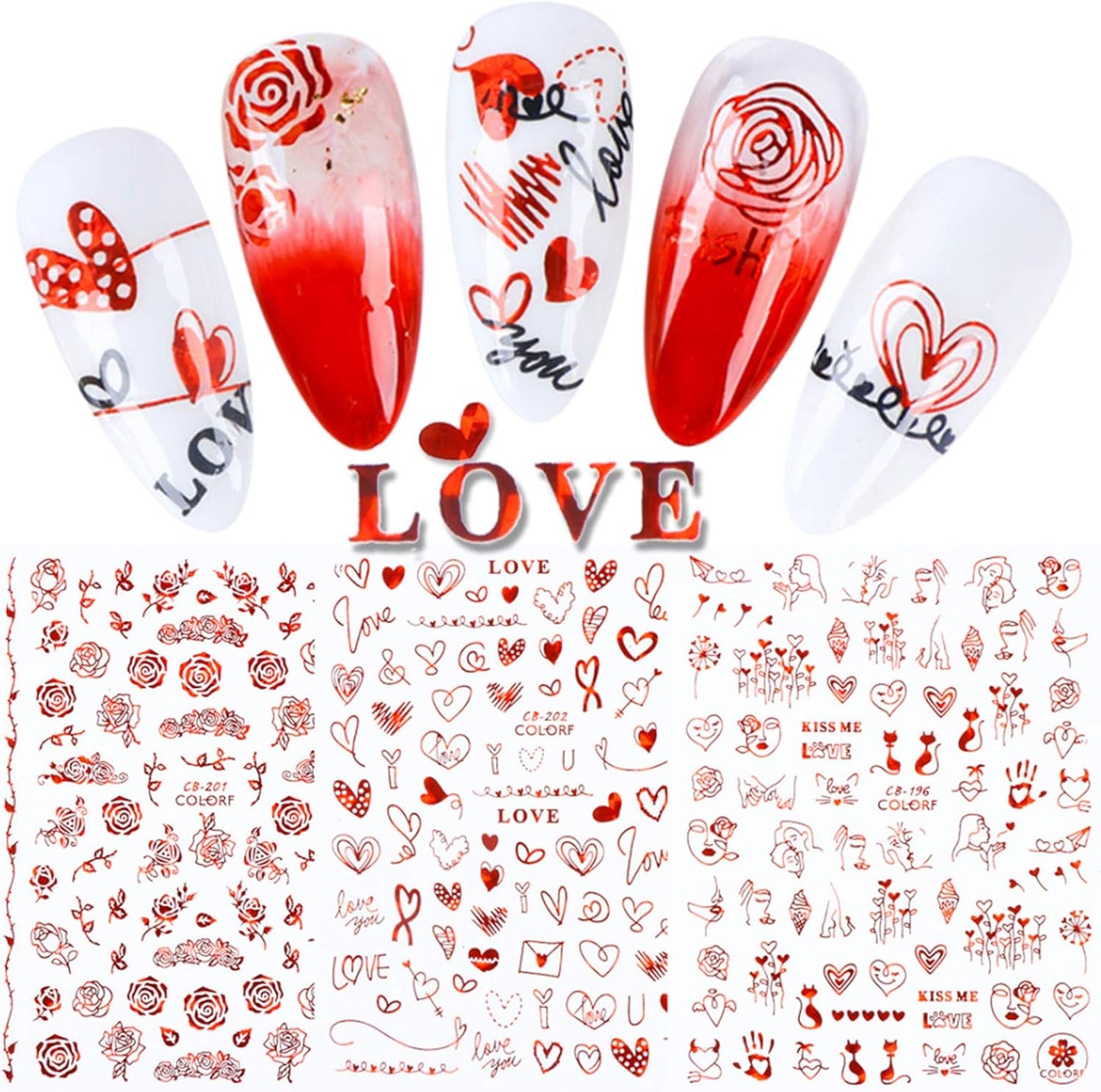 Pop Finger 3D Design Nail Stickers CB-202 – Corazones y Frases de Amor Rojas