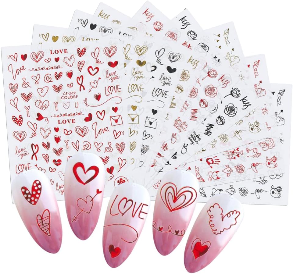Pop Finger 3D Design Nail Stickers CB-202 – Corazones y Frases de Amor Rojas