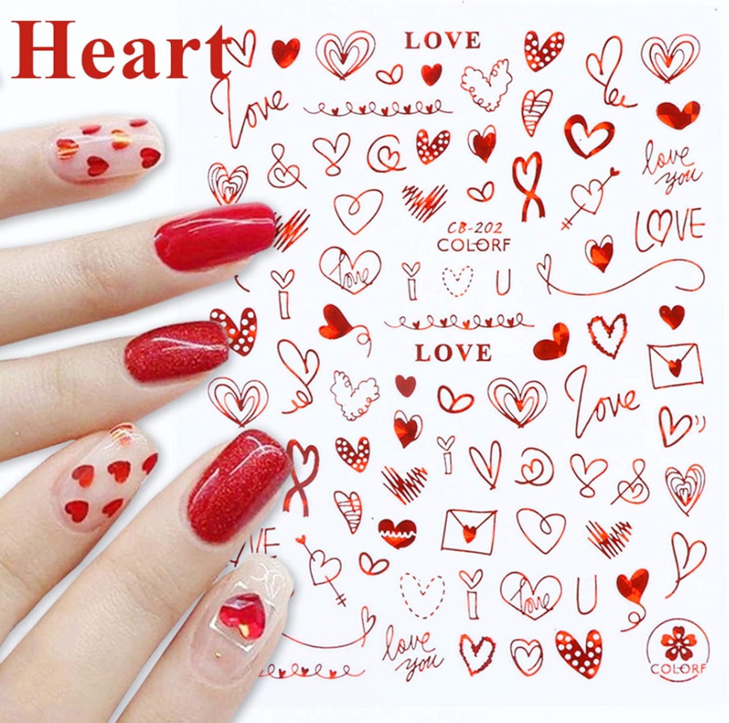 Pop Finger 3D Design Nail Stickers CB-202 – Corazones y Frases de Amor Rojas