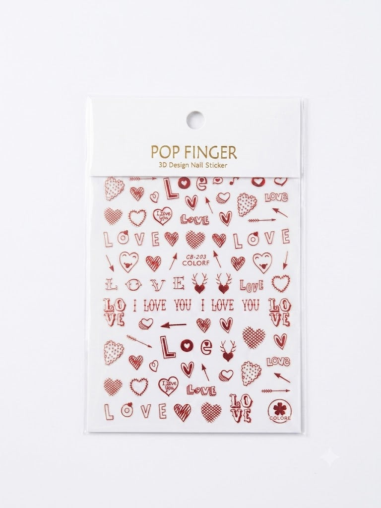 Pop Finger 3D Nail Stickers CB-203 – Corazones y Frases de Amor Rojas