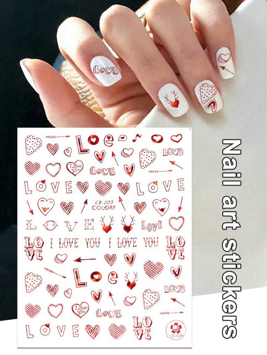 Pop Finger 3D Nail Stickers CB-203 – Corazones y Frases de Amor Rojas