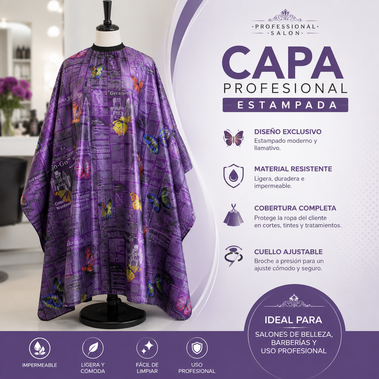 CITE OF PARIS Capa de Corte Profesional Morada con Mariposas CC013