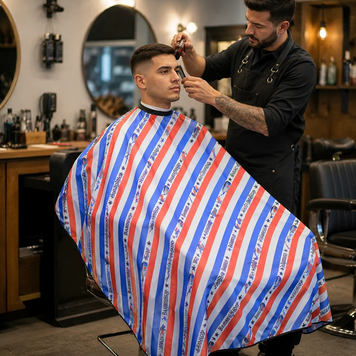 Cite of Paris Capa Profesional para Barbería CC018 – Diseño Rojo, Blanco y Azul