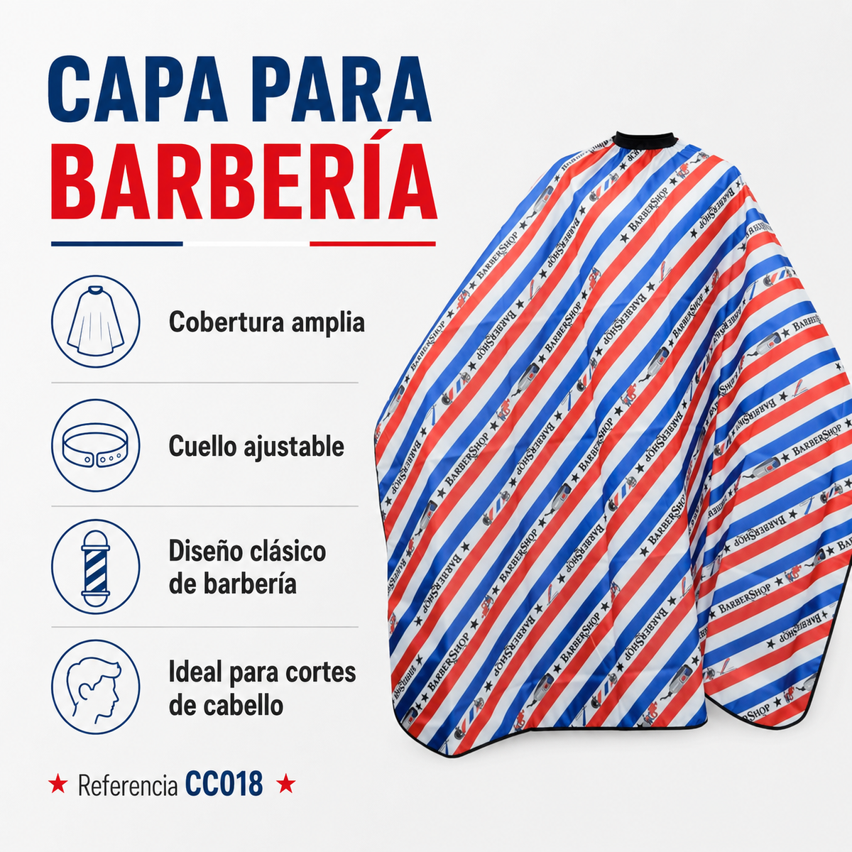 Cite of Paris Capa Profesional para Barbería CC018 – Diseño Rojo, Blanco y Azul