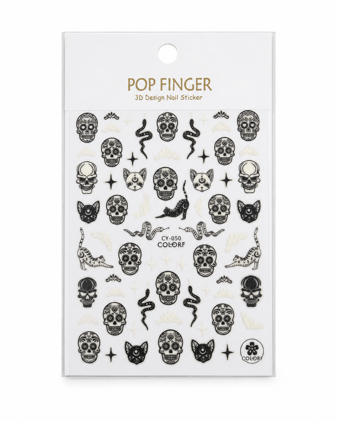 Pop Finger 3D Design Nail Stickers CY-050 – Calaveras, Serpientes y Diseños Góticos