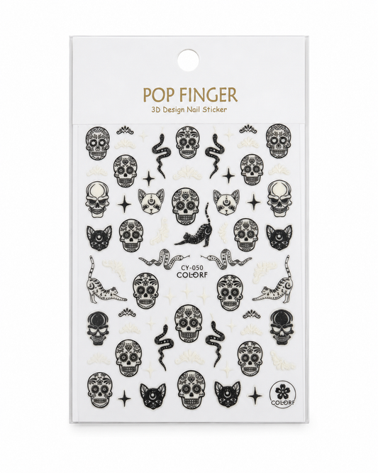 Pop Finger 3D Design Nail Stickers CY-050 – Calaveras, Serpientes y Diseños Góticos