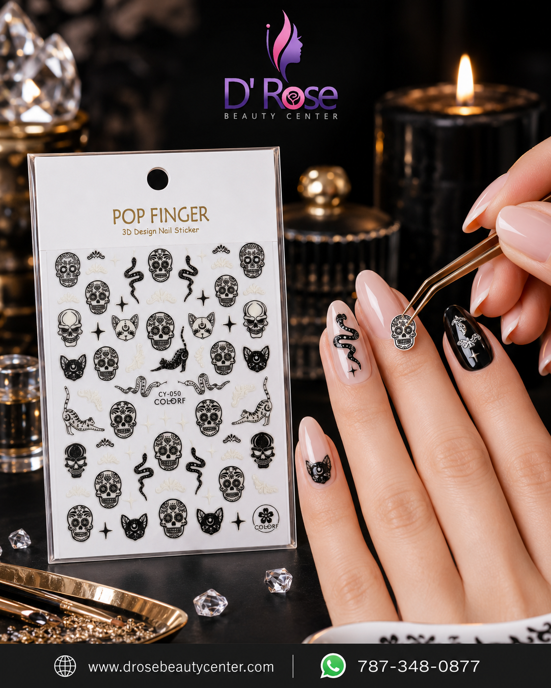 Pop Finger 3D Design Nail Stickers CY-050 – Calaveras, Serpientes y Diseños Góticos