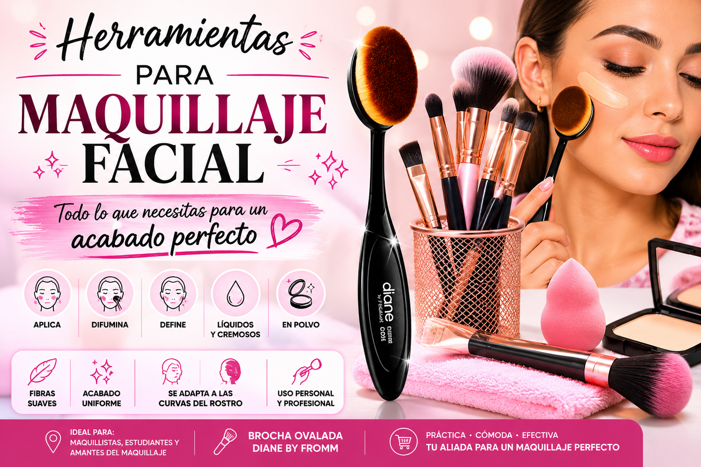 Diane Oval Makeup Brush D0035 – Brocha Ovalada para Maquillaje, Base, Difuminado y Contorno