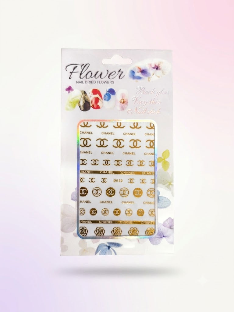 Flower Nail Stickers D020G – Monogramas Dorados, Flores y Franjas Decorativas